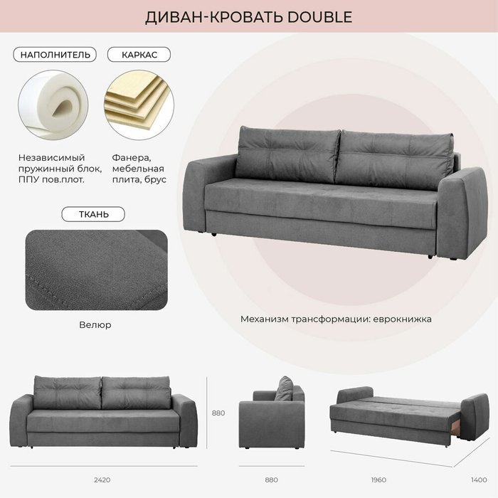 Диван-кровать Double графитового цвета - лучшие Прямые диваны в INMYROOM Диван-кровать Double графитового цвета - лучшие Прямые диваны в INMYROOM