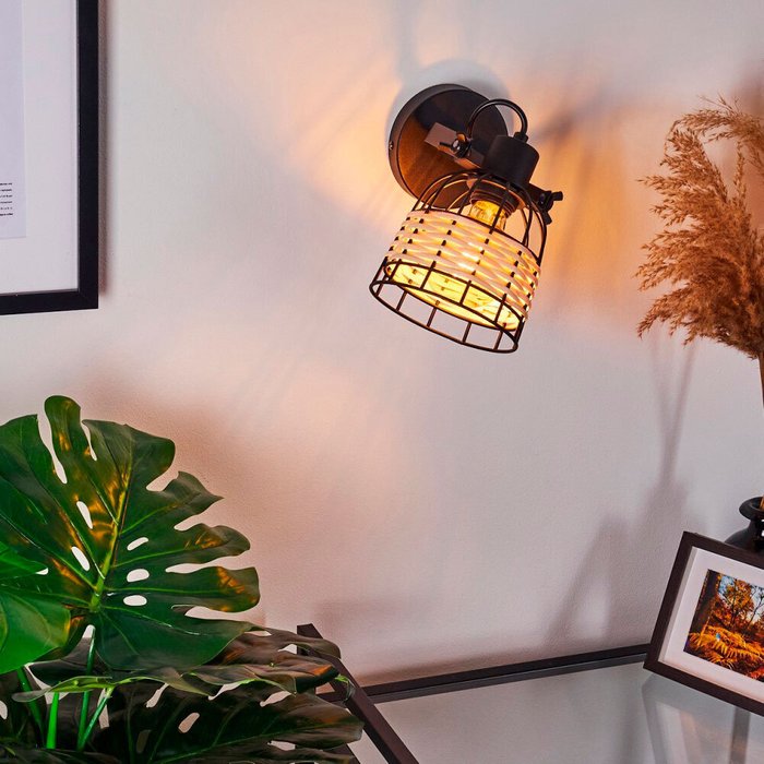 43324 Светильник настенно-потолочный ANWICK 1, 1x40W(E27), сталь, черный/ротанг, натуральный - купить Бра и настенные светильники по цене 3290