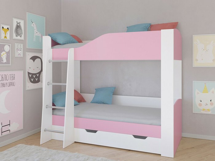 Двухъярусная кровать Астра 2 80х190 бело-розового цвета  - купить Двухъярусные кроватки по цене 20200.0