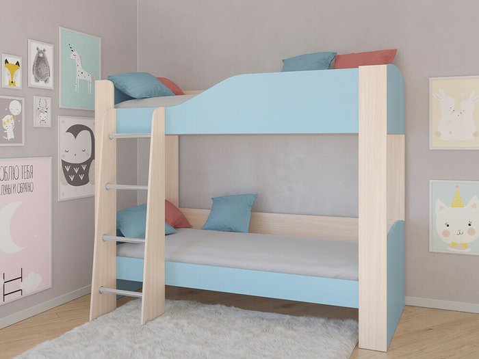 Двухъярусная кровать Астра 2 80х190 цвета Дуб молочный-голубой - купить Двухъярусные кроватки по цене 16900.0