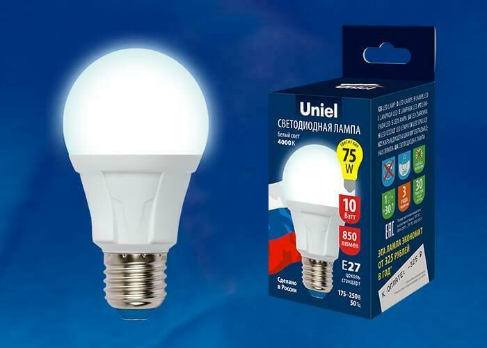 Лампа светодиодная (UL-00002004) E27 10W 6500K груша матовая LED-A60 10W/DW/E27/FR PLP01WH - купить Лампочки по цене 175.0