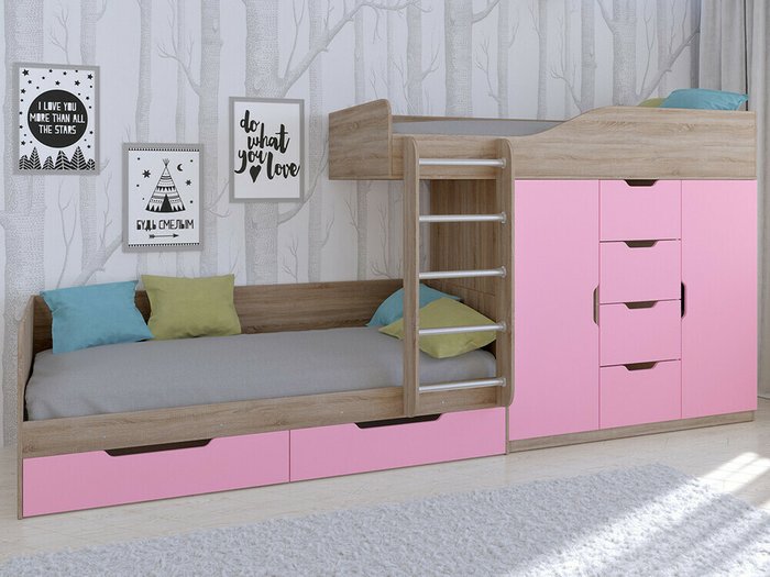 Двухъярусная кровать Астра 6 80х190 цвета Дуб Сонома-розовый - купить Двухъярусные кроватки по цене 34900.0