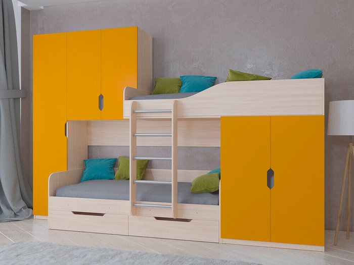 Двухъярусная кровать Лео 80х190 цвета Дуб молочный-оранжевый - купить Двухъярусные кроватки по цене 45100.0