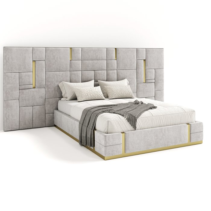 Кровать Nuvola d’oro 160х200 светло-серого цвета с золотыми молдингами и подъемным механизмом 