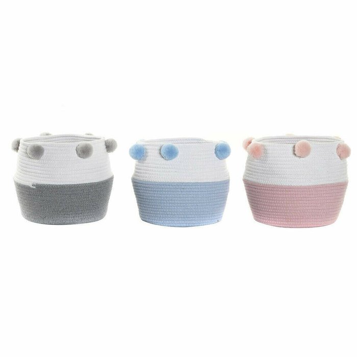 Корзина DKD Home Decor Серый Небесный синий Светло Pозовый Помпоны 30 x 30 x 26 cm Деревянный (3 штук)