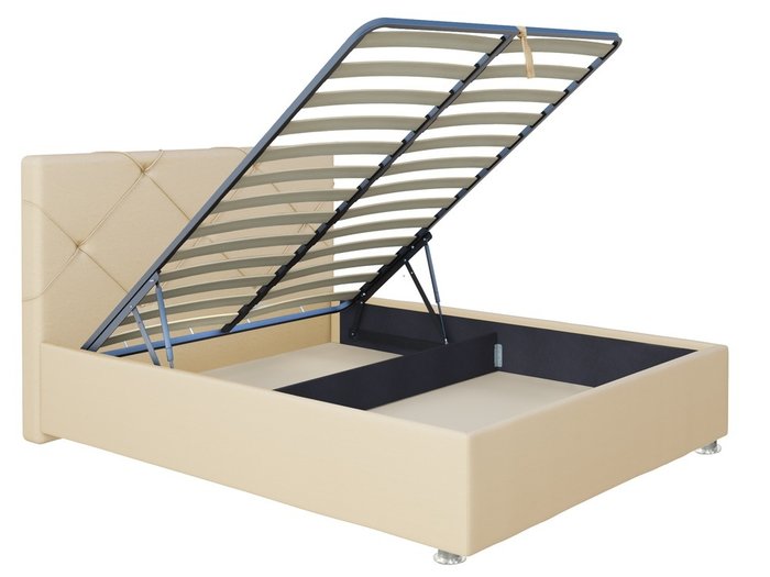Кровать Моранж 160х200 в обивке из экокожи бежевого цвета с подъемным механизмом - купить Кровати для спальни по цене 34394.0