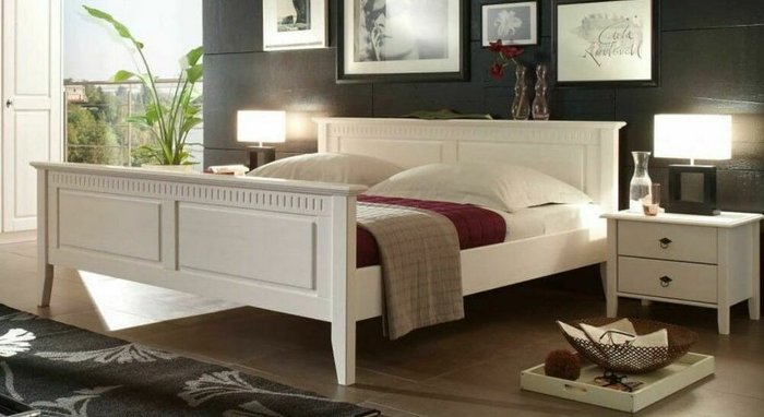 Кровать двуспальная из массива сосны Боцен 180х200 в белом цвете  - купить Кровати для спальни по цене 43100.0