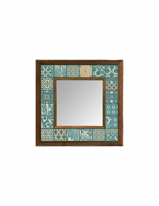 Настенное зеркало 33х33 с каменной мозаикой бирюзово-бежевого цвета