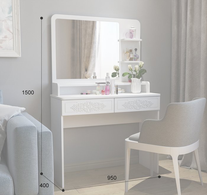 Туалетный столик Ассоль Лайт белого цвета с зеркалом и полками - лучшие Туалетные столики в INMYROOM