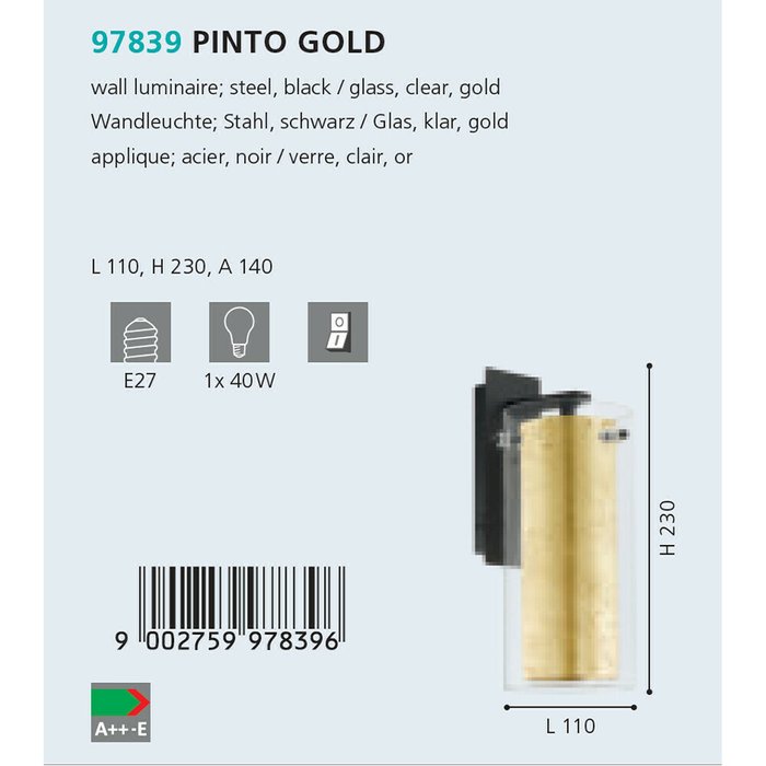 Бра Eglo Pinto Gold 97839 - лучшие Бра и настенные светильники в INMYROOM