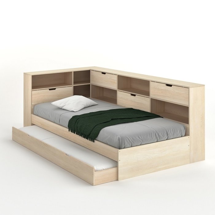 Кровать с ящиком отделениями для вещей и кроватным основанием Yann 90x190 бежевого цвета - купить Одноярусные кроватки по цене 65744.0