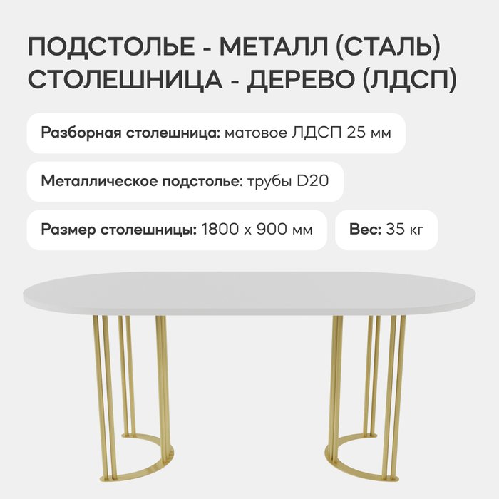 Обеденный стол Violur 180 с металлическим золотым подстольем и белой столешницей - лучшие Обеденные столы в INMYROOM