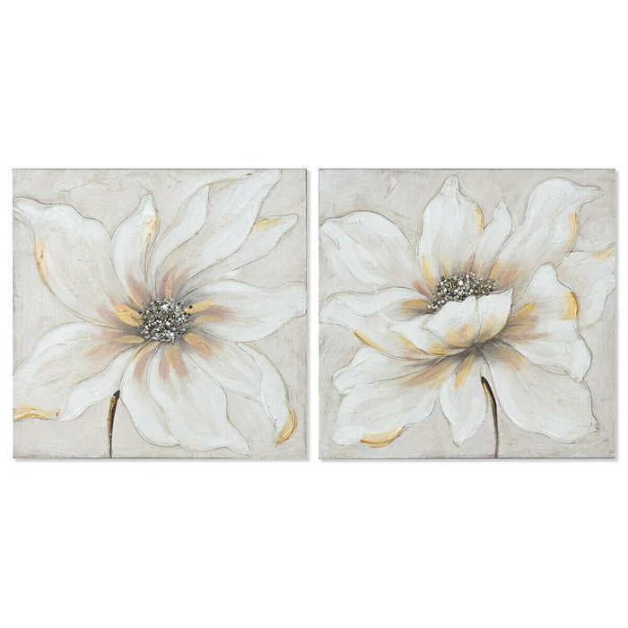 Картина Белый Бежевый Полотно Деревянный MDF Цветок романтик 50 x 2,5 x 50 cm (2 штук)
