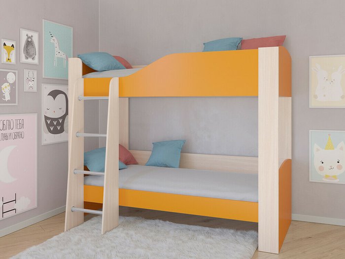 Двухъярусная кровать Астра 2 80х190 цвета Дуб молочный-оранжевый - купить Двухъярусные кроватки по цене 16900.0