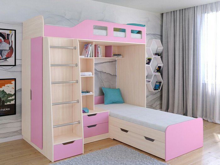 Двухъярусная кровать Астра 4 80х195 цвета Дуб молочный-Розовый - купить Двухъярусные кроватки по цене 34900.0