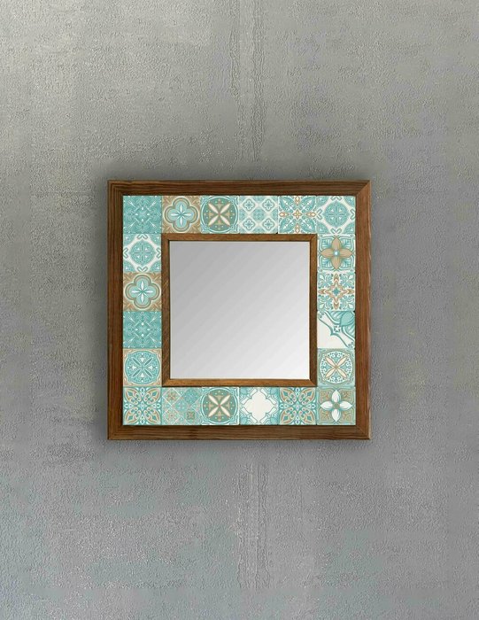 Настенное зеркало 33х33 с каменной мозаикой бирюзово-белого цвета - купить Настенные зеркала по цене 9840.0