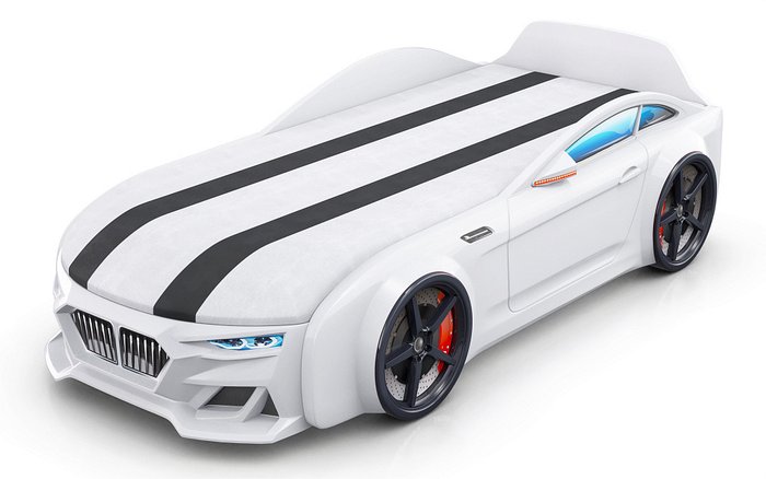 Кровать Dynamic-M 80х200 белого цвета с подсветкой фар и ящиком - купить Одноярусные кроватки по цене 32900.0 Кровать Dynamic-M 80х200 белого цвета с подсветкой фар и ящиком - купить Одноярусные кроватки по цене 32900.0