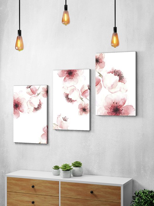 Набор из трех карти Цветы 120х60 бело-розового цвета - лучшие Картины в INMYROOM