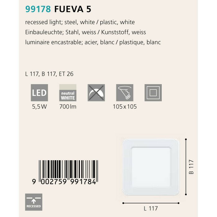 Светильник точечный Fueva белого цвета - купить Встраиваемые споты по цене 1390.0