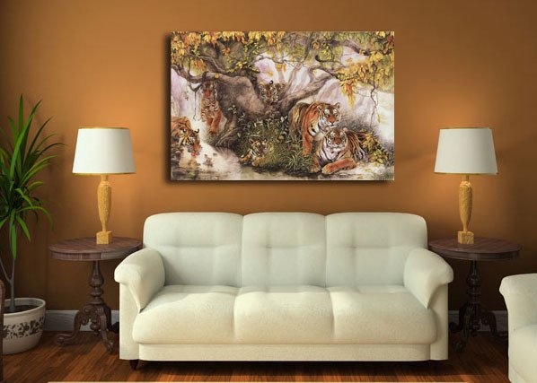 Дизайнерская картина на холсте "Семья отдыхающих тигров" - купить Принты по цене 3090.0