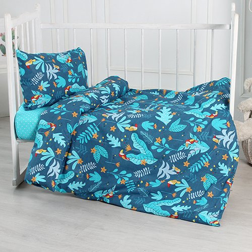 КПБ 'BabyRelax' в кроватку, 100 % хлопок, бязь, пододеяльник на молнии, простыня на резинке, 'Тропические птички (синий)'