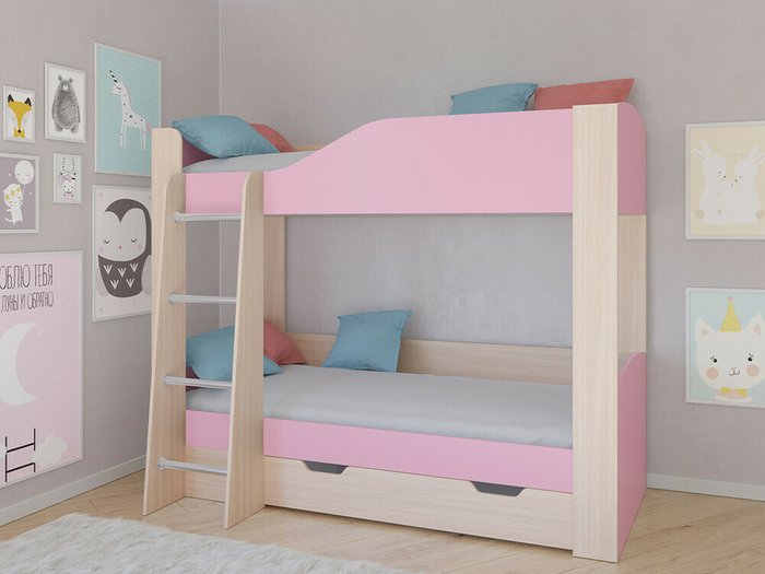 Двухъярусная кровать Астра 2 80х190 цвета Дуб молочный-розовый - купить Двухъярусные кроватки по цене 20200.0