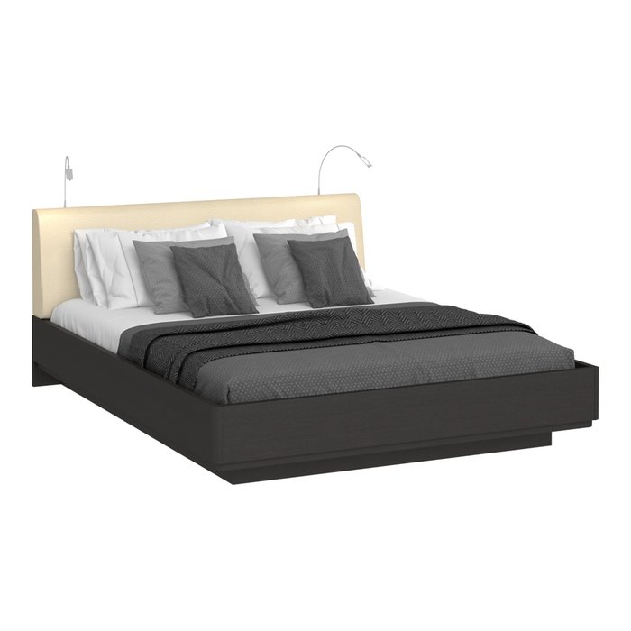 Кровать Элеонора 160х200 с изголовьем бежевого цвета и двумя светильниками  - купить Кровати для спальни по цене 94405.0