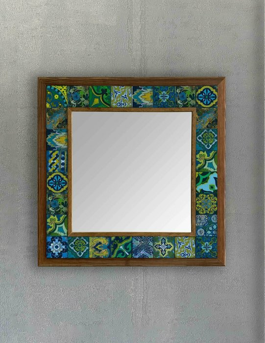 Настенное зеркало 43x43 с каменной мозаикой сине-зеленого цвета - купить Настенные зеркала по цене 16871.0