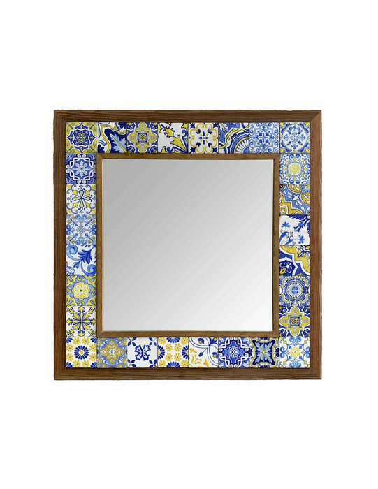 Настенное зеркало 43x43 с каменной мозаикой сине-желтого цвета
