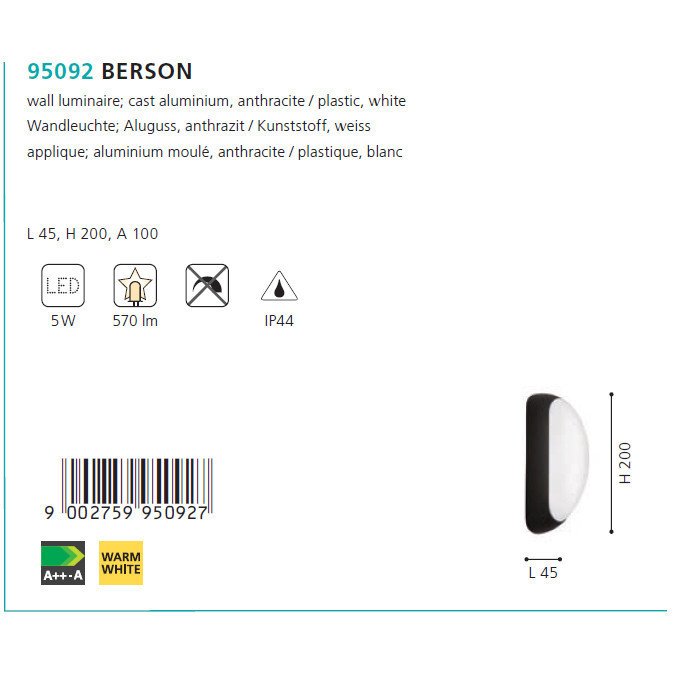 Уличный настенный светильник Berson бело-черного цвета - купить Настенные уличные светильники по цене 872.0