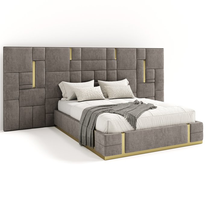 Кровать Nuvola d’oro 160х200 светло-серого цвета с золотыми молдингами и подъемным механизмом  - купить Кровати для спальни по цене 133900.0
