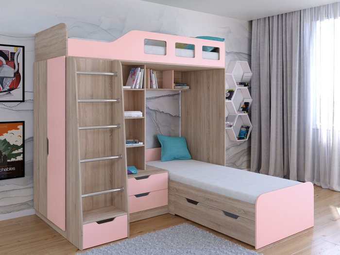 Двухъярусная кровать Астра 4 80х195 цвета Дуб Сонома-розовый - купить Двухъярусные кроватки по цене 38400.0