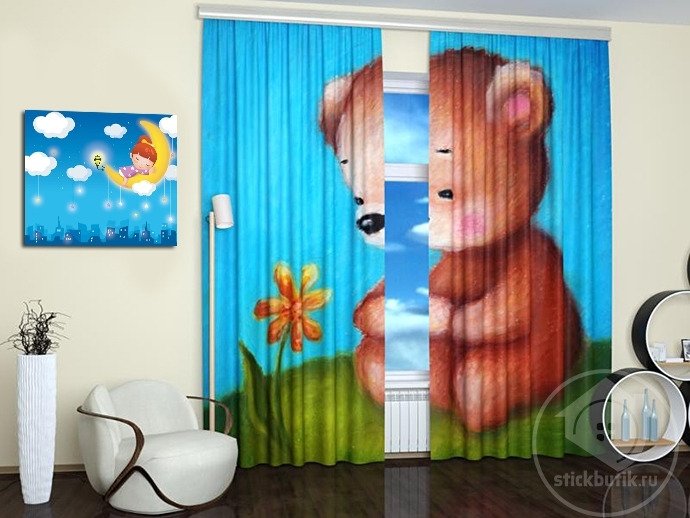 Фотошторы для детской комнаты: Медвежонок с цветком - купить Шторы по цене 3990.0