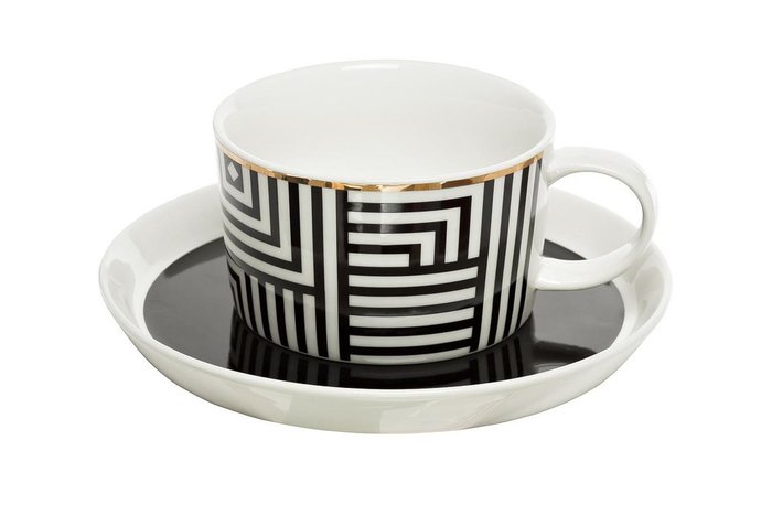 Комплект чайных чашек с блюдцем черно-белого цвета