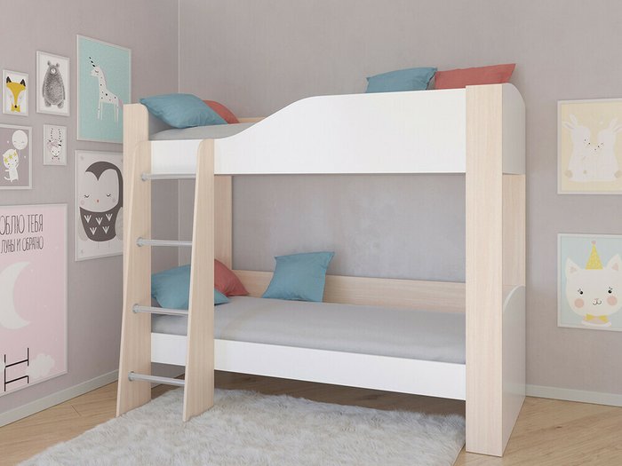 Двухъярусная кровать Астра 2 80х190 цвета Дуб молочный-белый - купить Двухъярусные кроватки по цене 16900.0