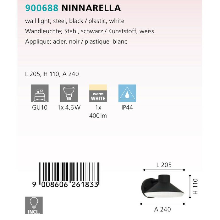 Уличный настенный светильник Eglo Ninnarella 900688 - лучшие Настенные уличные светильники в INMYROOM