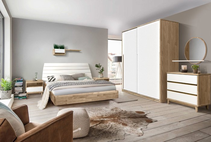 Кровать Wallstreet 200х200 цвета белёный дуб с белым изголовьем без основания - купить Кровати для спальни по цене 101685.0