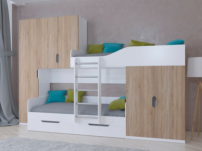 Двухъярусная кровать Лео 80х190 цвета Дуб Сонома-белый - купить Двухъярусные кроватки по цене 45100.0