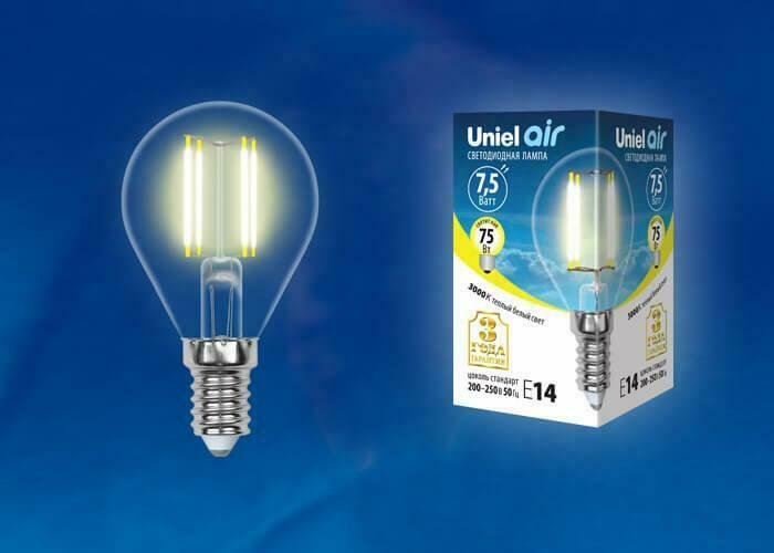 Лампа светодиодная филаментная (UL-00003250) Uniel E14 7,5W 3000K прозрачная LED-G45-7,5W/WW/E14/CL GLA01TR - купить Лампочки по цене 147.0