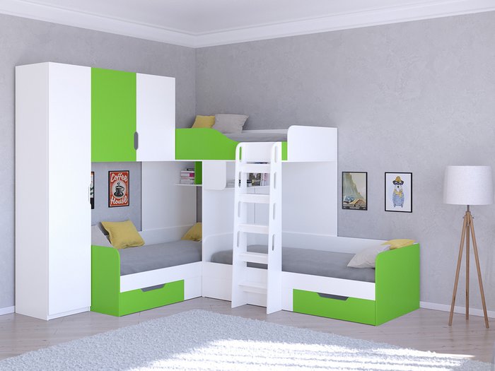 Двухъярусная кровать Трио 1 80х190 бело-салатового цвета - купить Двухъярусные кроватки по цене 45400.0