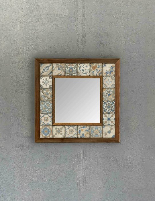 Настенное зеркало 33x33 с каменной мозаикой бежево-синего цвета - купить Настенные зеркала по цене 9840.0