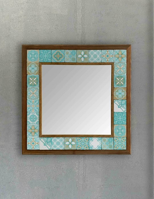 Настенное зеркало 43x43 с каменной мозаикой бирюзово-белого цвета - купить Настенные зеркала по цене 16871.0