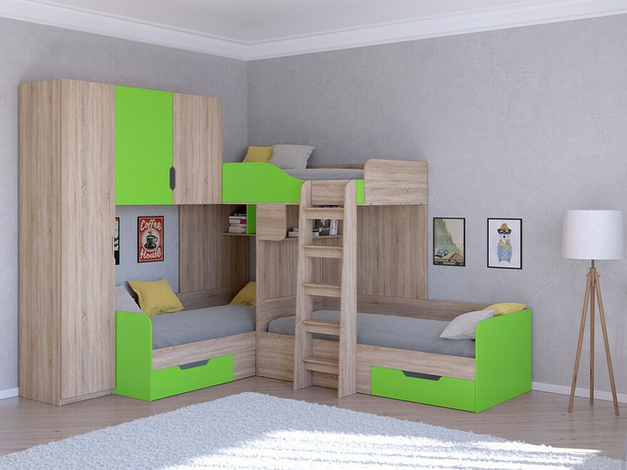 Двухъярусная кровать Трио 1 80х190 цвета Дуб Сонома-салатовый - купить Двухъярусные кроватки по цене 45400.0