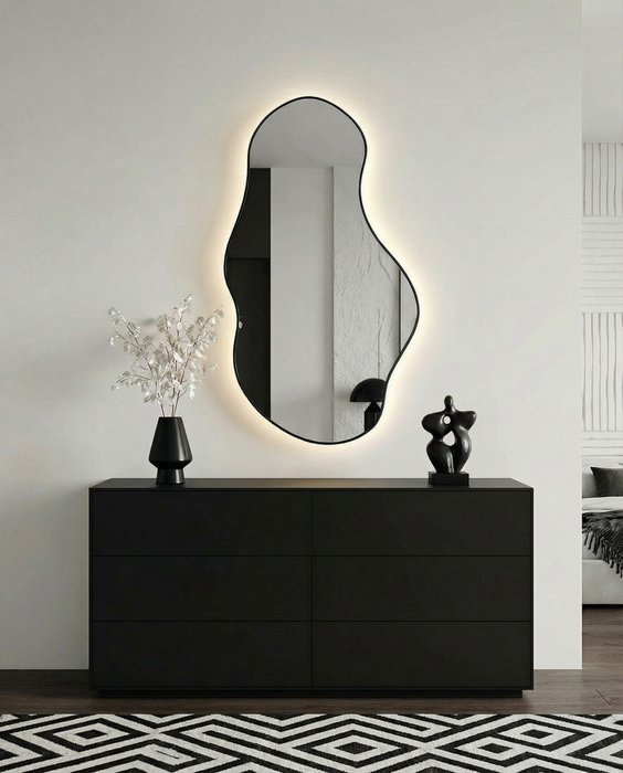 Настенное зеркало Lake в раме черного цвета с подсветкой - купить Настенные зеркала по цене 29200