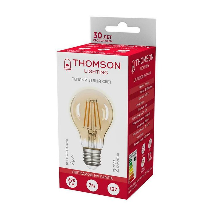Лампа светодиодная филаментная Thomson E27 7W 2400K груша прозрачная TH-B2110 - лучшие Лампочки в INMYROOM