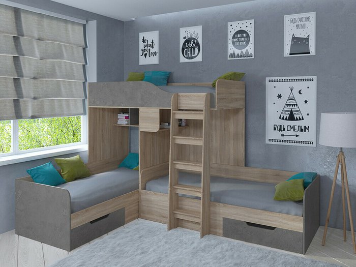Двухъярусная кровать Трио 80х190 цвета Дуб Сонома-Железный камень - купить Двухъярусные кроватки по цене 32400.0
