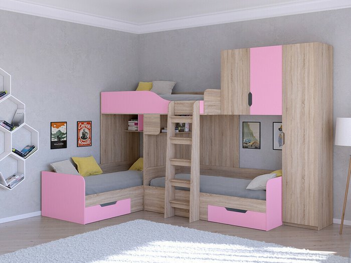Двухъярусная кровать Трио 2 80х190 цвета Дуб Сонома-розовый - купить Двухъярусные кроватки по цене 45400.0