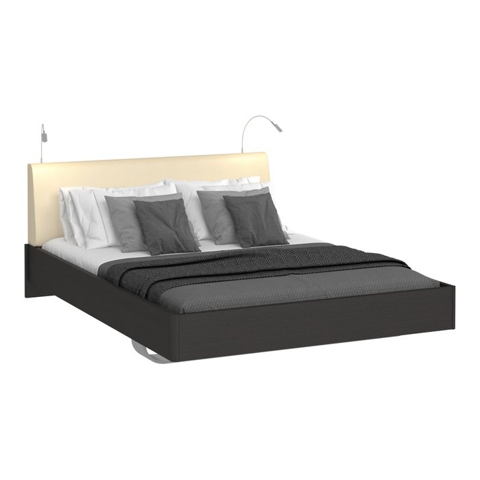 Кровать Элеонора 160х200 с изголовьем бежевого цвета и двумя светильниками - купить Кровати для спальни по цене 57132.0