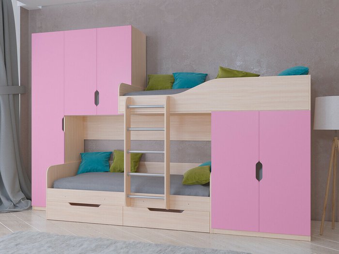 Двухъярусная кровать Лео 80х190 цвета Дуб молочный-розовый - купить Двухъярусные кроватки по цене 45100.0