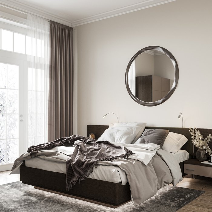 Кровать Элеонора 180х200 с изголовьем серо-бежевого цвета и двумя светильниками 